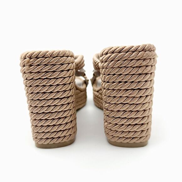 VALENTINO Torchon Beige Braided Silk Platform Rockstud Wedge Heel Size 39 Sandal - Picture 8 of 14